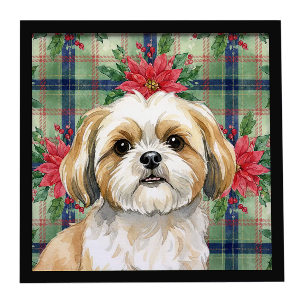 Gold and White Shih Tzu Christmas PoinsettIas Framed Metal Print Bathroom, Kitchen, Office, Home Decor Wall Art Ready to Hang, Square, 8X8