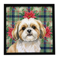 Gold and White Shih Tzu Christmas PoinsettIas Framed Metal Print Bathroom, Kitchen, Office, Home Decor Wall Art Ready to Hang, Square, 8X8