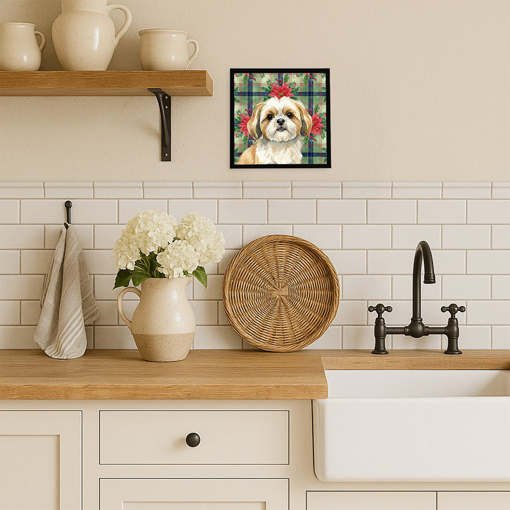 Gold and White Shih Tzu Christmas PoinsettIas Framed Metal Print Bathroom, Kitchen, Office, Home Decor Wall Art Ready to Hang, Square, 8X8