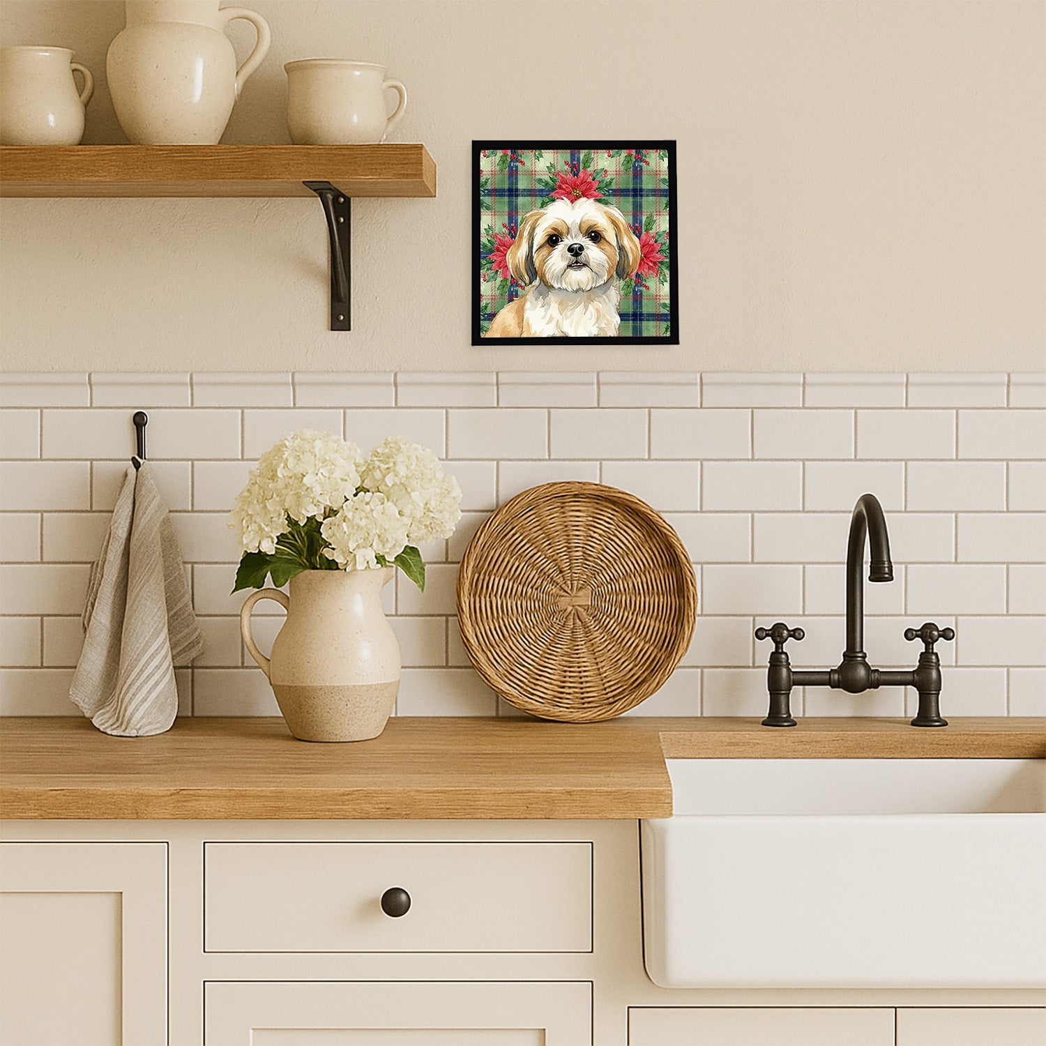 Gold and White Shih Tzu Christmas PoinsettIas Framed Metal Print Bathroom, Kitchen, Office, Home Decor Wall Art Ready to Hang, Square, 8X8