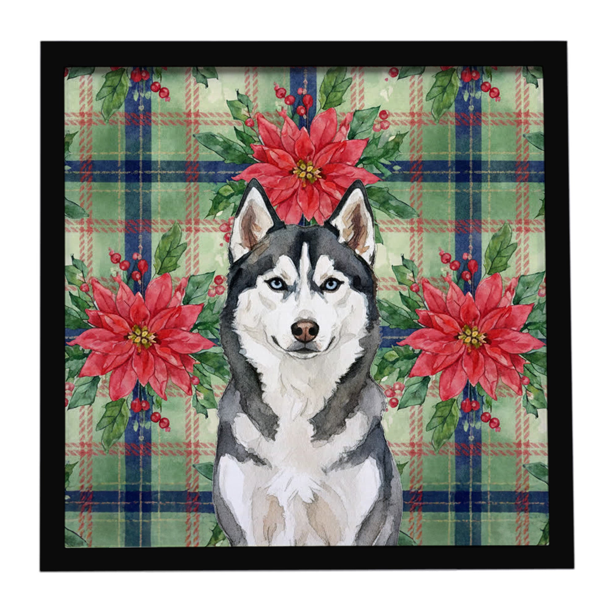 Siberian Husky Christmas PoinsettIas Framed Metal Print Bathroom, Kitchen, Office, Home Decor Wall Art Ready to Hang, Square, 8X8