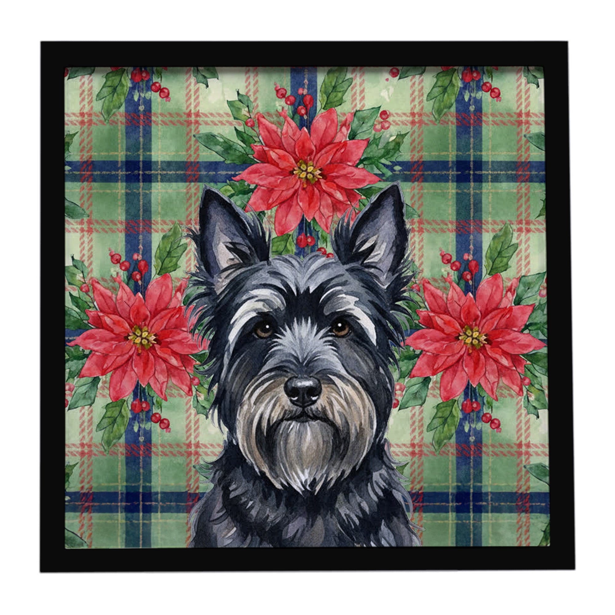 Black Skye Terrier Christmas PoinsettIas Framed Metal Print Bathroom, Kitchen, Office, Home Decor Wall Art Ready to Hang, Square, 8X8