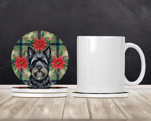 Black Skye Terrier Christmas PoinsettIas Large Sandstone Coasters Pack of 4 Absorbent Round Coasters Decor Gifts for Men or Women, 4 in, Multicolor