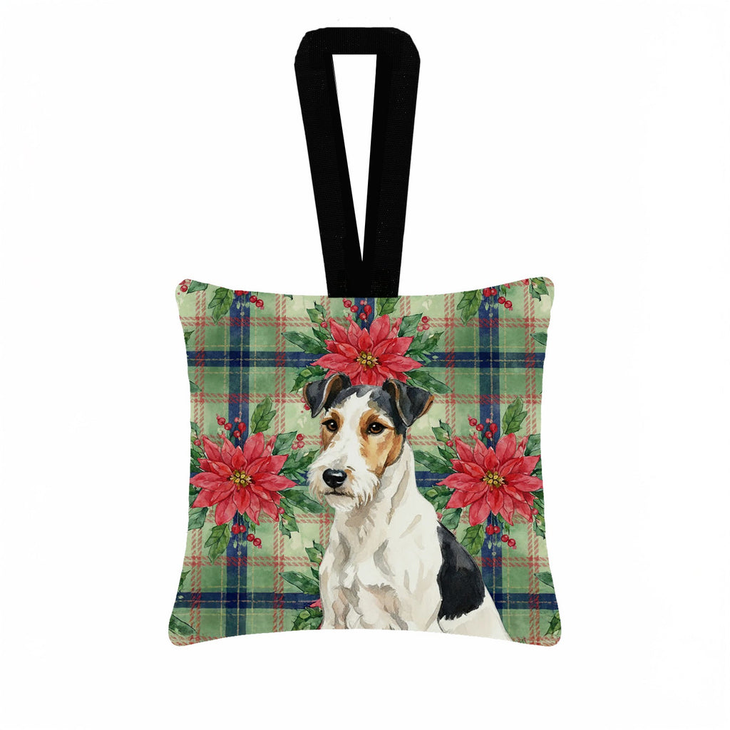 Smooth Fox Terrier Christmas PoinsettIas Hanging Square Fabric Ornament 3.5 � 3.5 Decorative Door-Knob & Tree Hanger, Soft Fabric