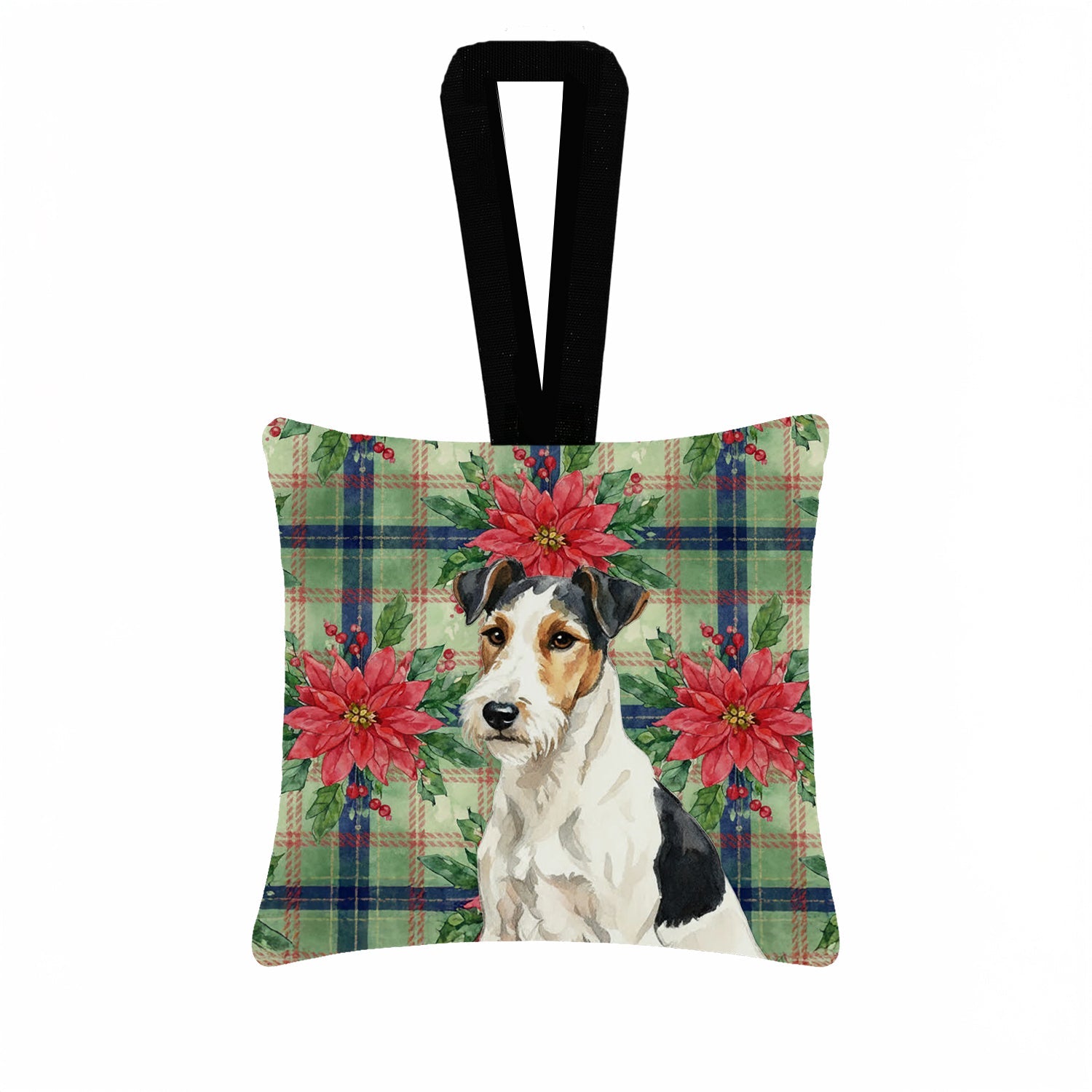 Smooth Fox Terrier Christmas PoinsettIas Hanging Square Fabric Ornament 3.5 � 3.5 Decorative Door-Knob & Tree Hanger, Soft Fabric