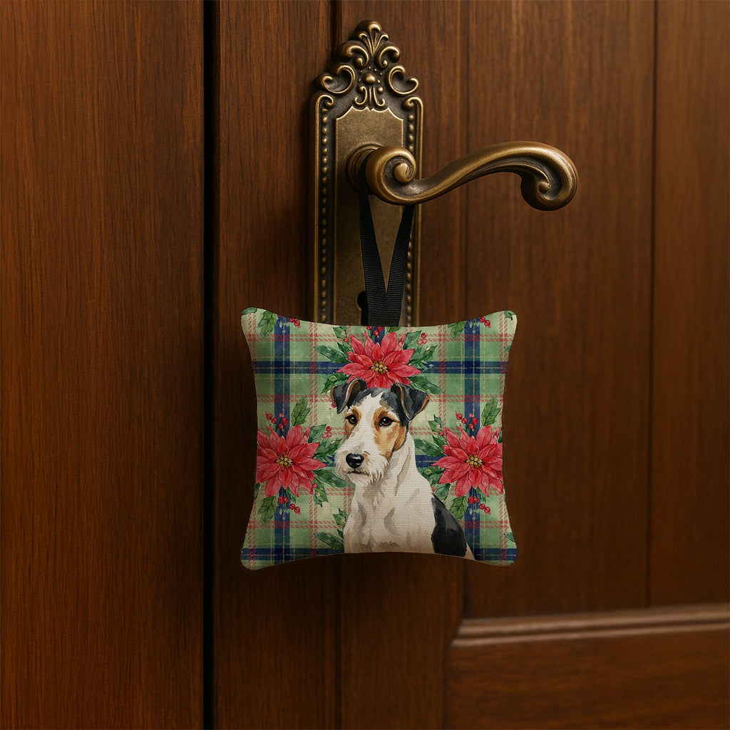 Smooth Fox Terrier Christmas PoinsettIas Hanging Square Fabric Ornament 3.5 � 3.5 Decorative Door-Knob & Tree Hanger, Soft Fabric