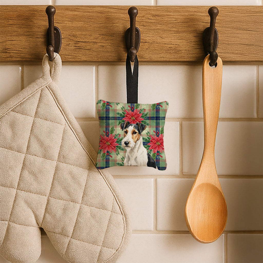Smooth Fox Terrier Christmas PoinsettIas Hanging Square Fabric Ornament 3.5 � 3.5 Decorative Door-Knob & Tree Hanger, Soft Fabric