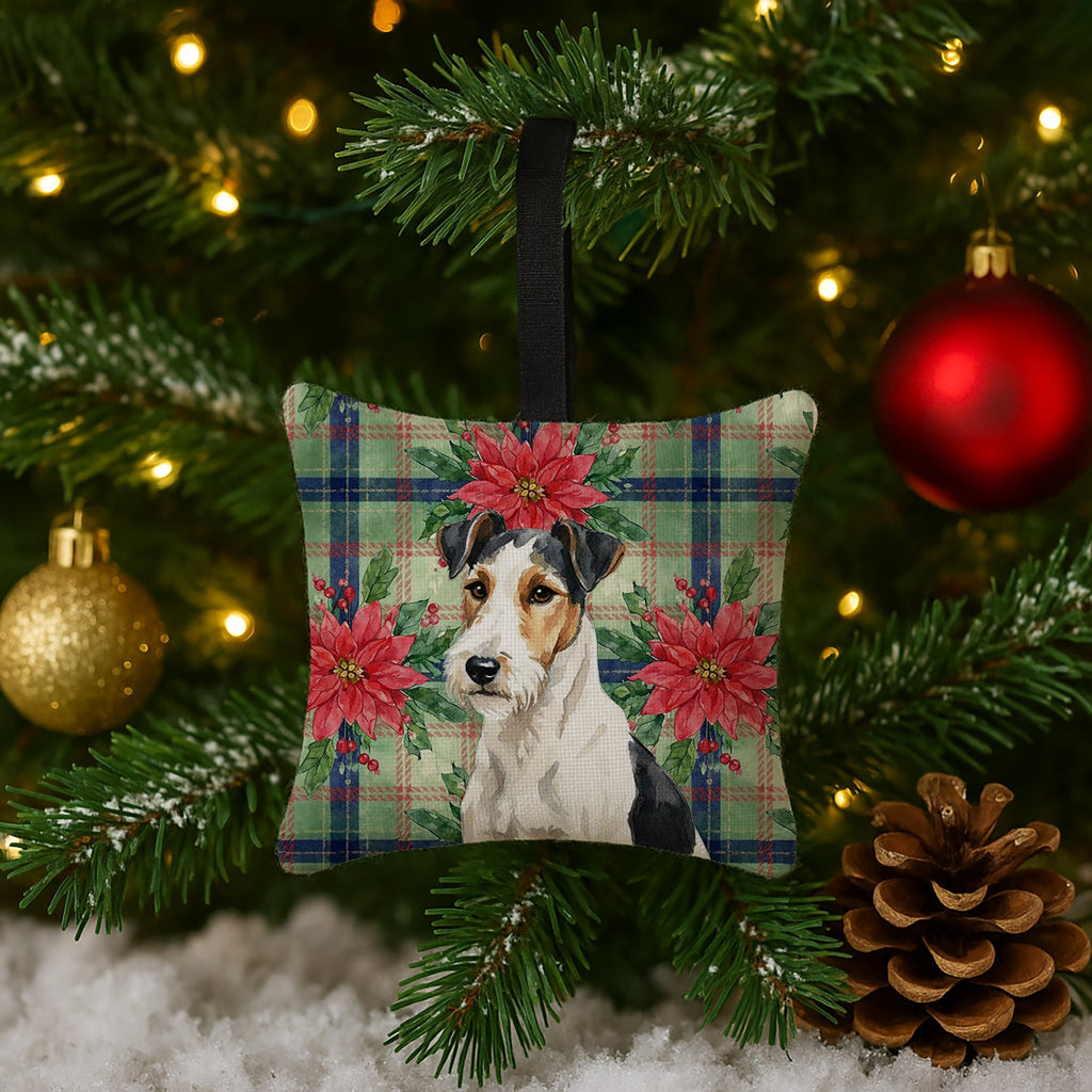 Smooth Fox Terrier Christmas PoinsettIas Hanging Square Fabric Ornament 3.5 � 3.5 Decorative Door-Knob & Tree Hanger, Soft Fabric