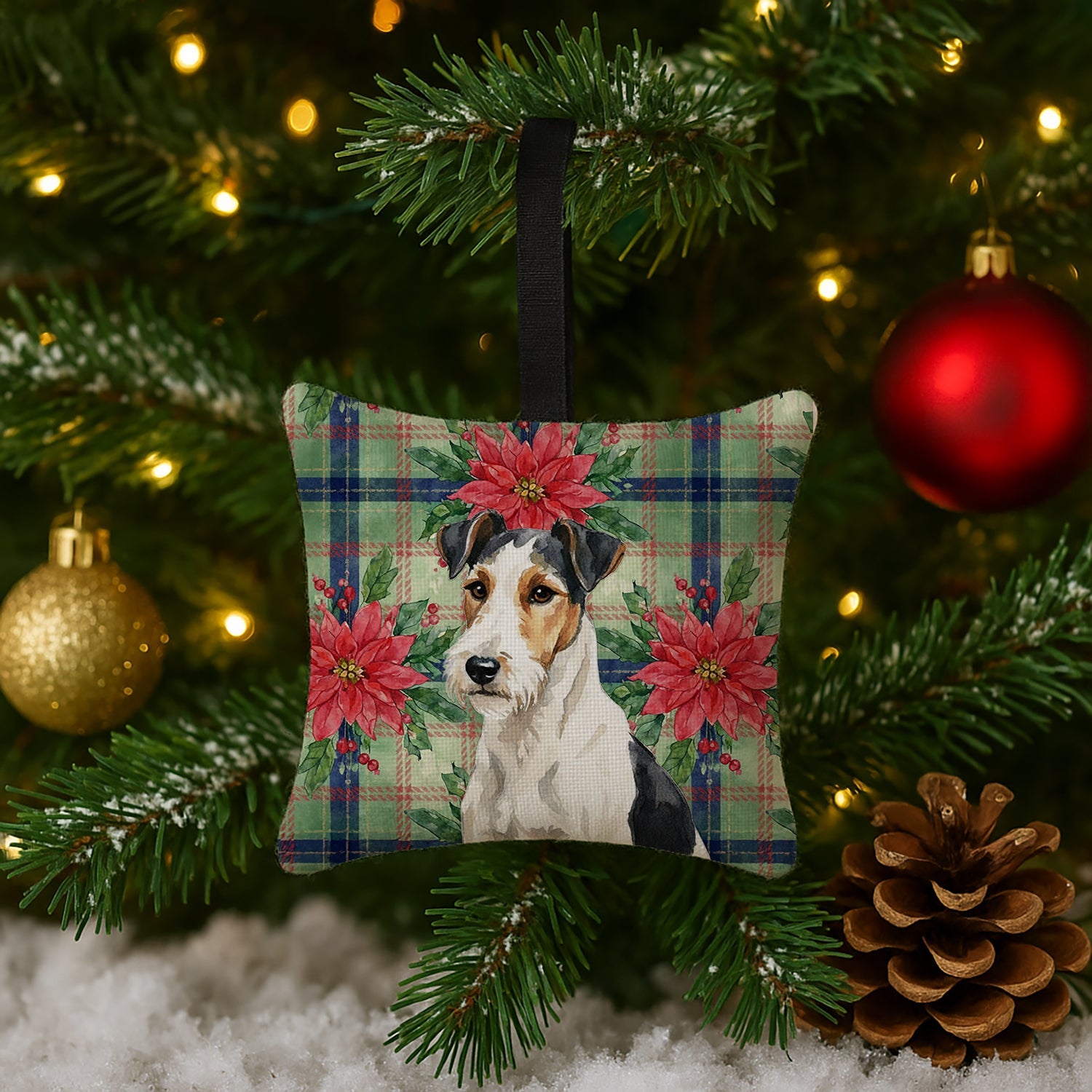 Smooth Fox Terrier Christmas PoinsettIas Hanging Square Fabric Ornament 3.5 � 3.5 Decorative Door-Knob & Tree Hanger, Soft Fabric