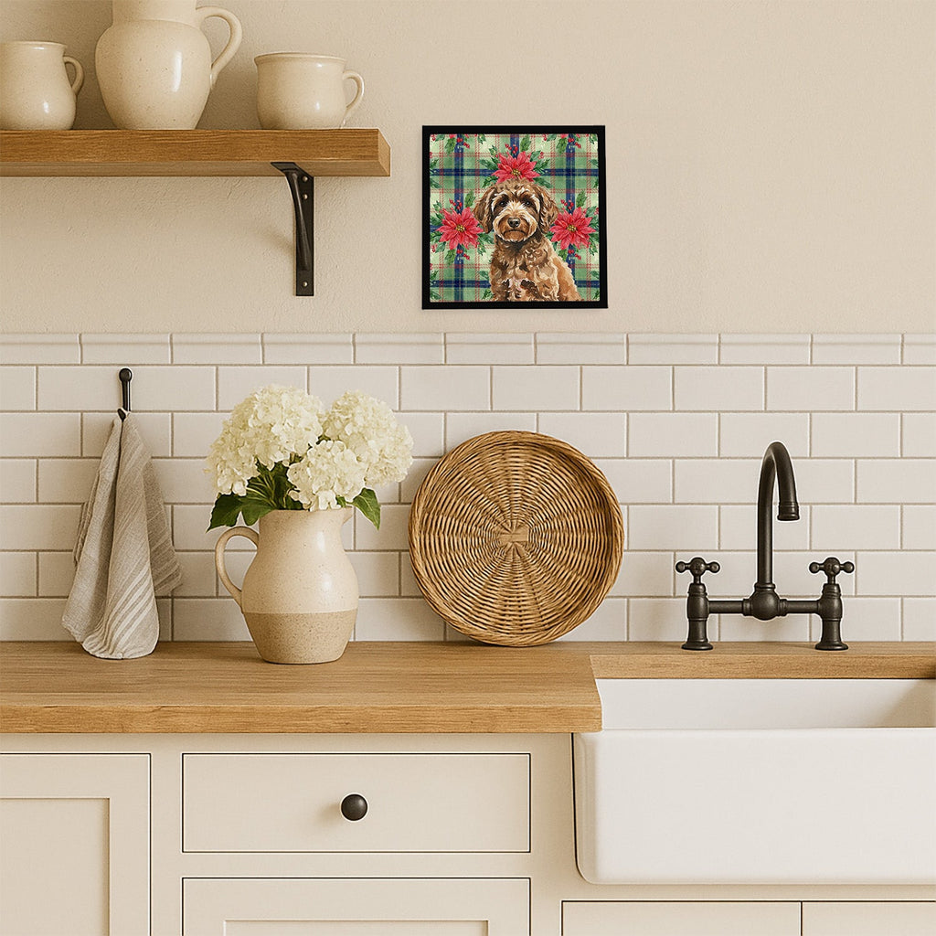 Spanish Water Dog Christmas PoinsettIas Framed Metal Print Bathroom, Kitchen, Office, Home Decor Wall Art Ready to Hang, Square, 8X8