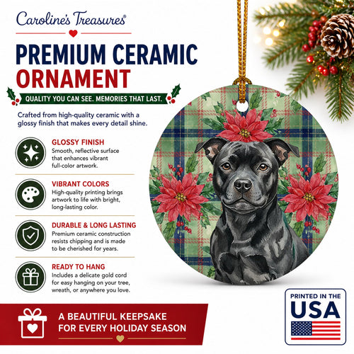 Black Staffordshire Bull Terrier Christmas PoinsettIas Ceramic Ornament Christmas Tree Hanging Decorations for Home Christmas Holiday, Party, Gift, 3 in, Multicolor