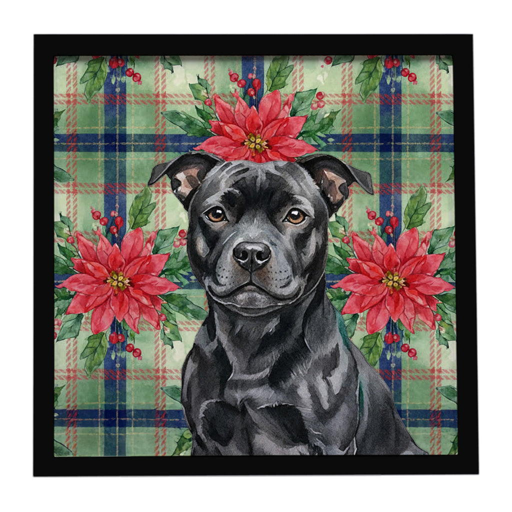 Black Staffordshire Bull Terrier Christmas PoinsettIas Framed Metal Print Bathroom, Kitchen, Office, Home Decor Wall Art Ready to Hang, Square, 8X8
