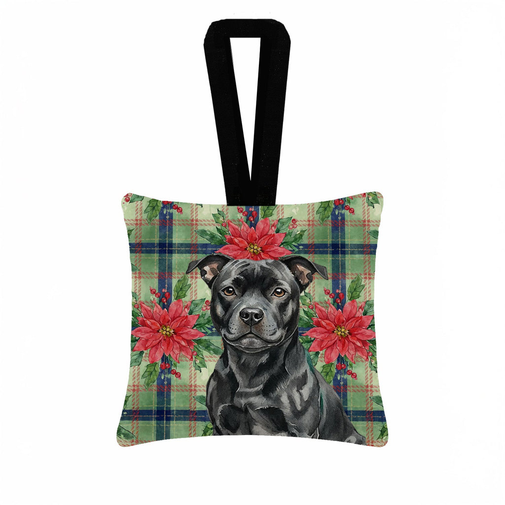 Black Staffordshire Bull Terrier Christmas PoinsettIas Hanging Square Fabric Ornament 3.5 � 3.5 Decorative Door-Knob & Tree Hanger, Soft Fabric