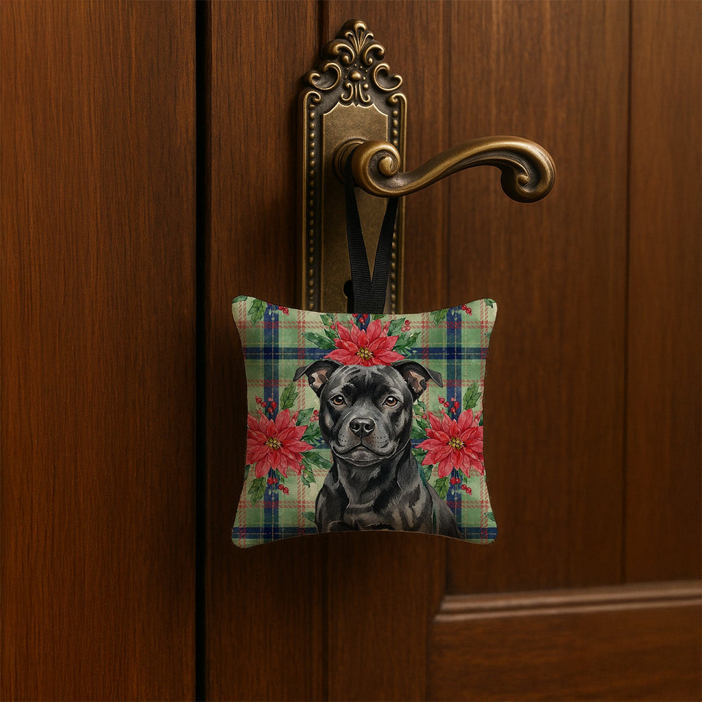 Black Staffordshire Bull Terrier Christmas PoinsettIas Hanging Square Fabric Ornament 3.5 � 3.5 Decorative Door-Knob & Tree Hanger, Soft Fabric