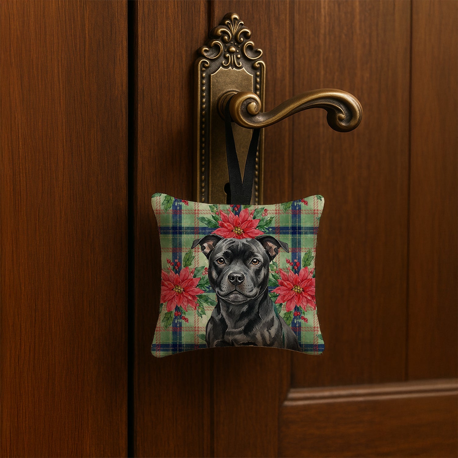 Black Staffordshire Bull Terrier Christmas PoinsettIas Hanging Square Fabric Ornament 3.5 � 3.5 Decorative Door-Knob & Tree Hanger, Soft Fabric
