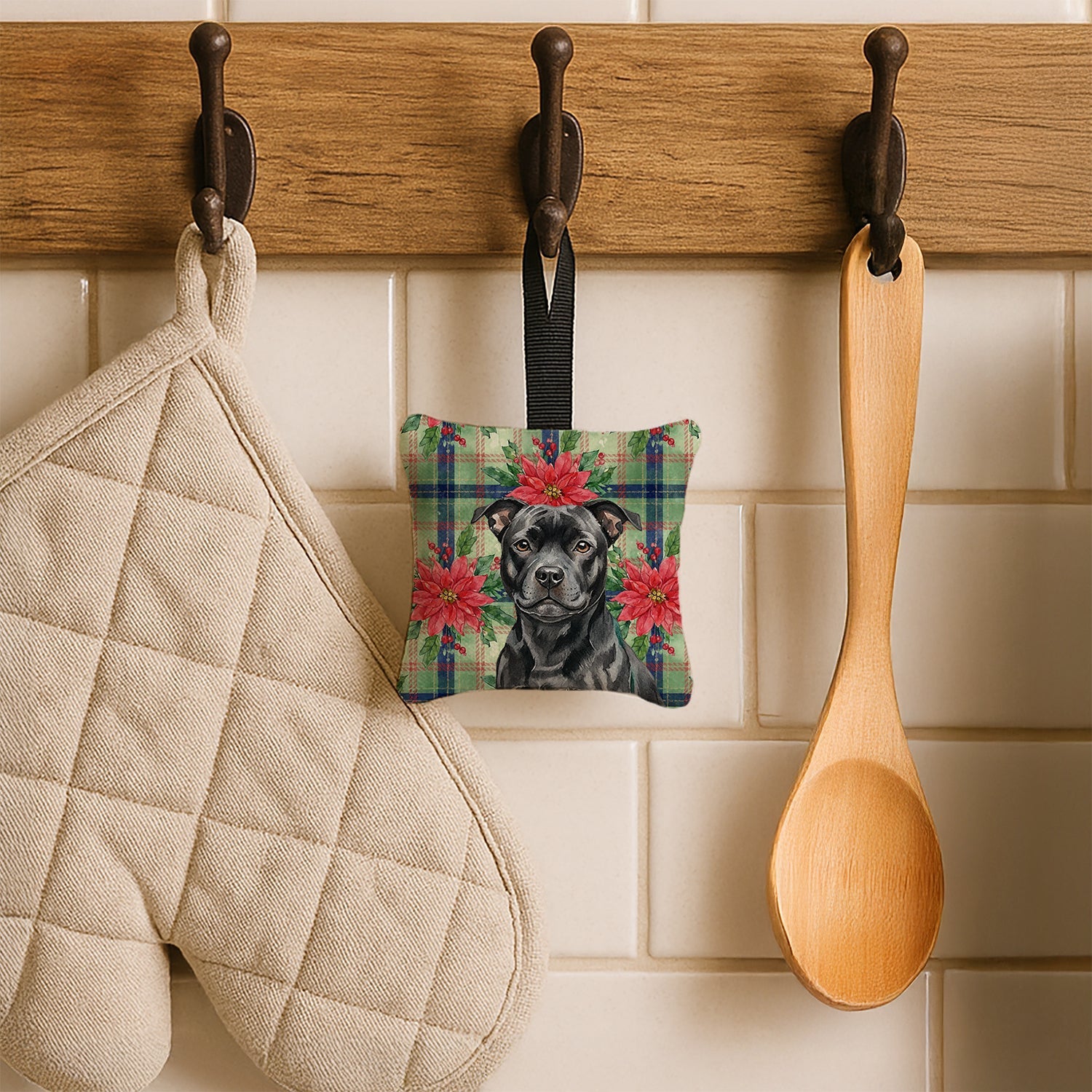 Black Staffordshire Bull Terrier Christmas PoinsettIas Hanging Square Fabric Ornament 3.5 � 3.5 Decorative Door-Knob & Tree Hanger, Soft Fabric