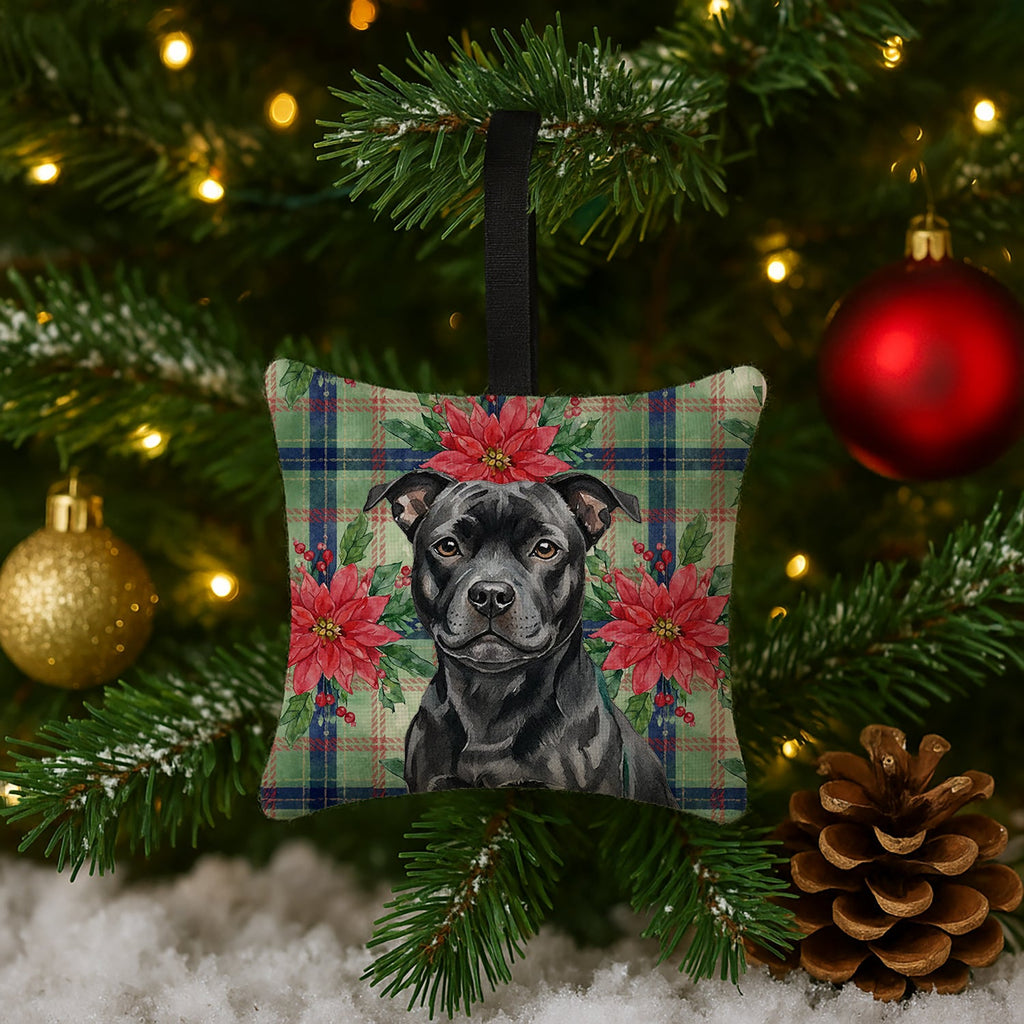 Black Staffordshire Bull Terrier Christmas PoinsettIas Hanging Square Fabric Ornament 3.5 � 3.5 Decorative Door-Knob & Tree Hanger, Soft Fabric