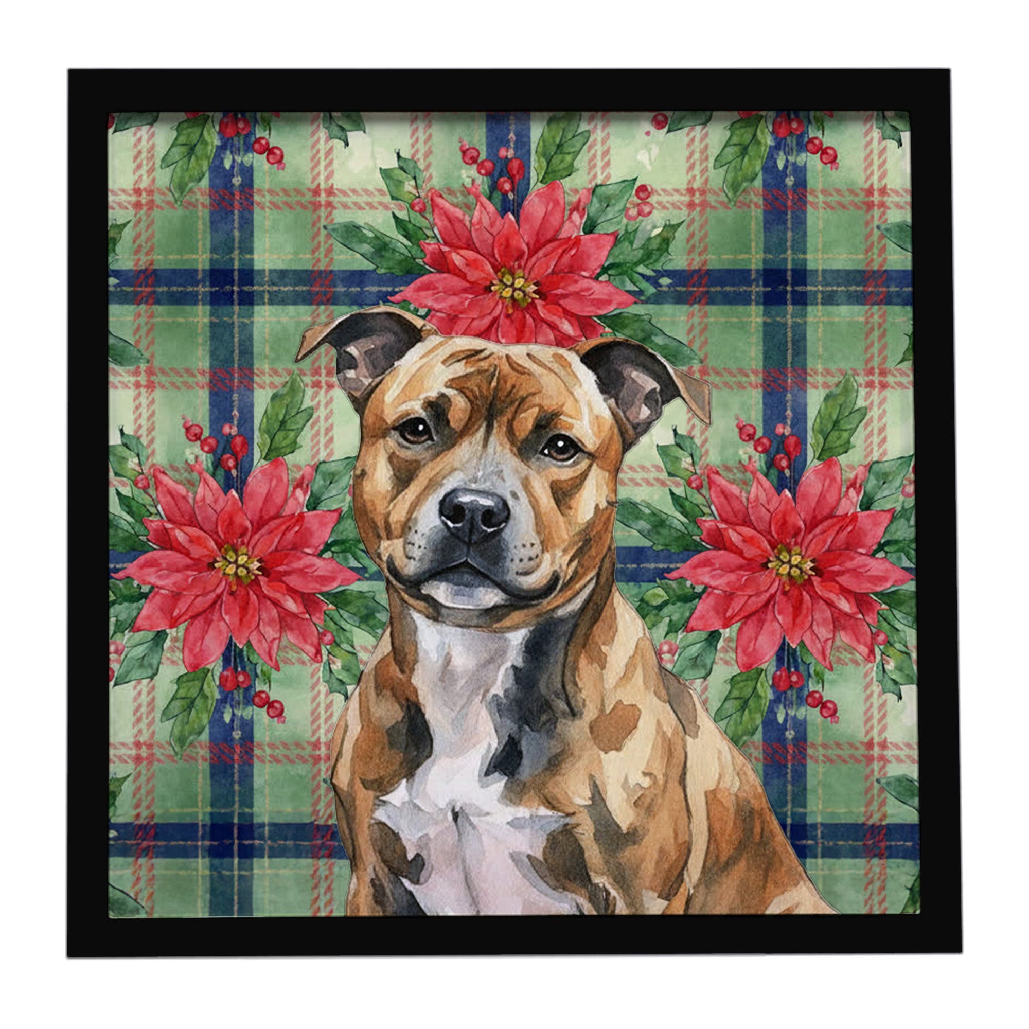 Brindle Staffordshire Bull Terrier Christmas PoinsettIas Framed Metal Print Bathroom, Kitchen, Office, Home Decor Wall Art Ready to Hang, Square, 8X8