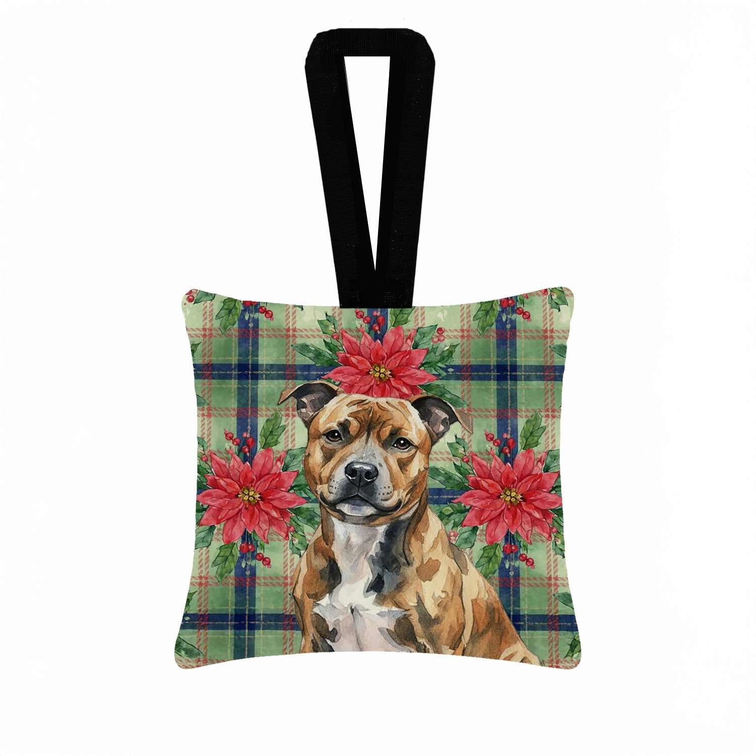 Brindle Staffordshire Bull Terrier Christmas PoinsettIas Hanging Square Fabric Ornament 3.5 � 3.5 Decorative Door-Knob & Tree Hanger, Soft Fabric