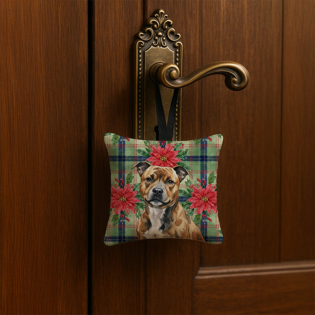 Brindle Staffordshire Bull Terrier Christmas PoinsettIas Hanging Square Fabric Ornament 3.5 � 3.5 Decorative Door-Knob & Tree Hanger, Soft Fabric