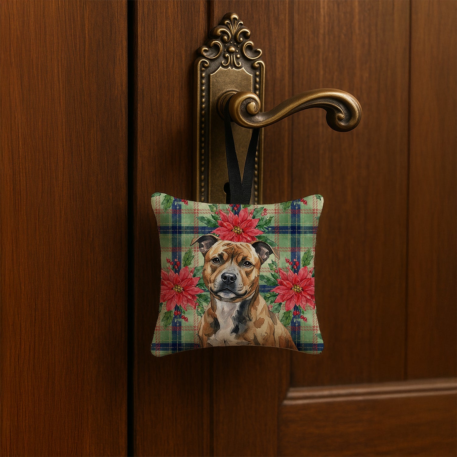 Brindle Staffordshire Bull Terrier Christmas PoinsettIas Hanging Square Fabric Ornament 3.5 � 3.5 Decorative Door-Knob & Tree Hanger, Soft Fabric