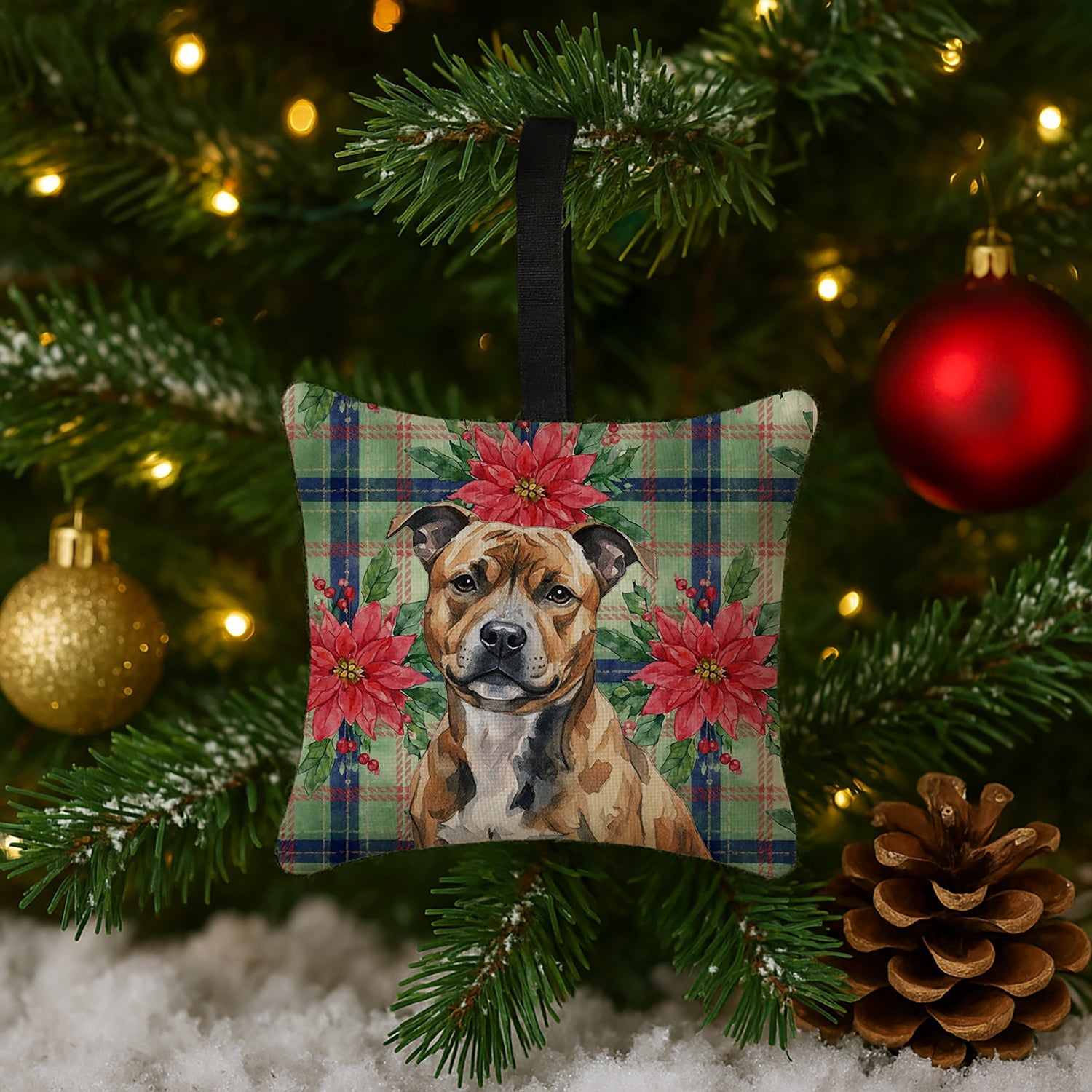 Brindle Staffordshire Bull Terrier Christmas PoinsettIas Hanging Square Fabric Ornament 3.5 � 3.5 Decorative Door-Knob & Tree Hanger, Soft Fabric