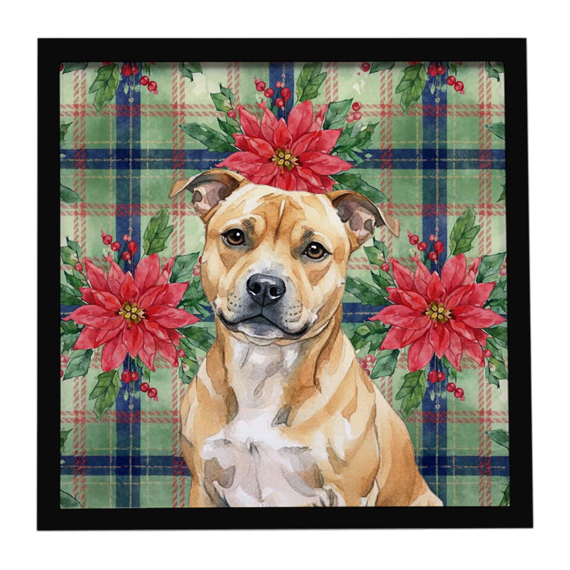 Fawn Staffordshire Bull Terrier Christmas PoinsettIas Framed Metal Print Bathroom, Kitchen, Office, Home Decor Wall Art Ready to Hang, Square, 8X8