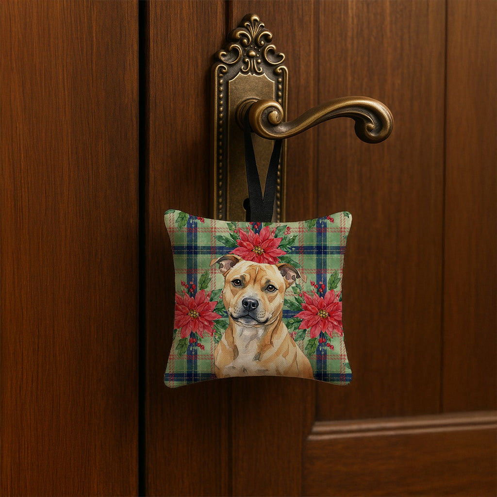 Fawn Staffordshire Bull Terrier Christmas PoinsettIas Hanging Square Fabric Ornament 3.5 � 3.5 Decorative Door-Knob & Tree Hanger, Soft Fabric