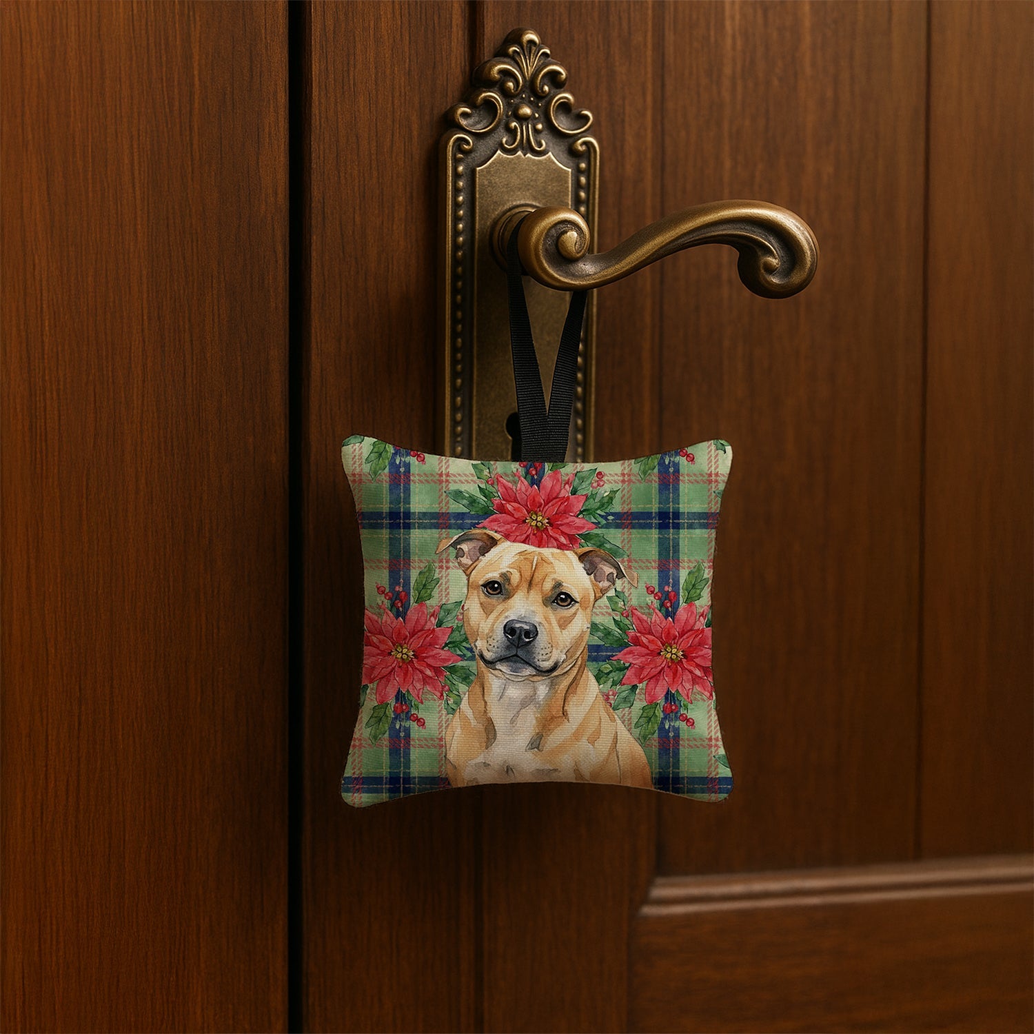 Fawn Staffordshire Bull Terrier Christmas PoinsettIas Hanging Square Fabric Ornament 3.5 � 3.5 Decorative Door-Knob & Tree Hanger, Soft Fabric