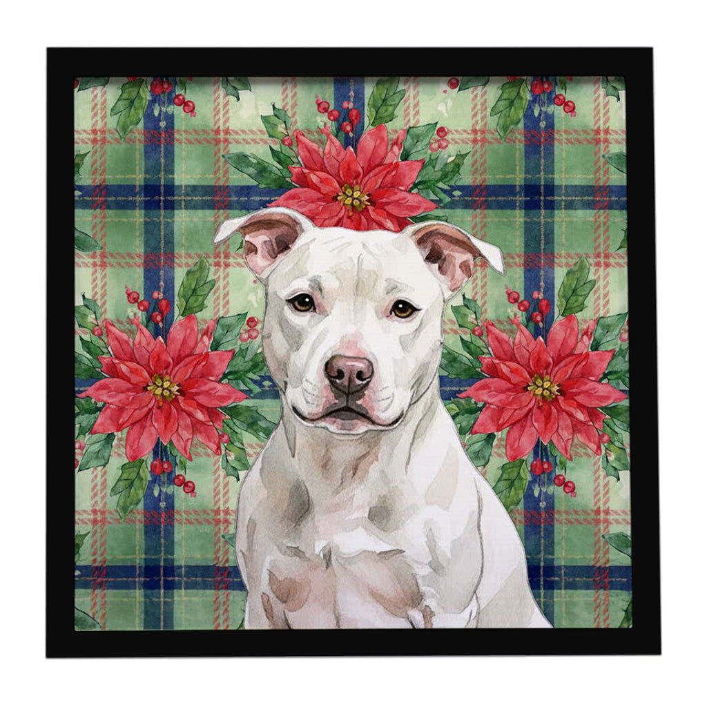 White Staffordshire Bull Terrier Christmas PoinsettIas Framed Metal Print Bathroom, Kitchen, Office, Home Decor Wall Art Ready to Hang, Square, 8X8
