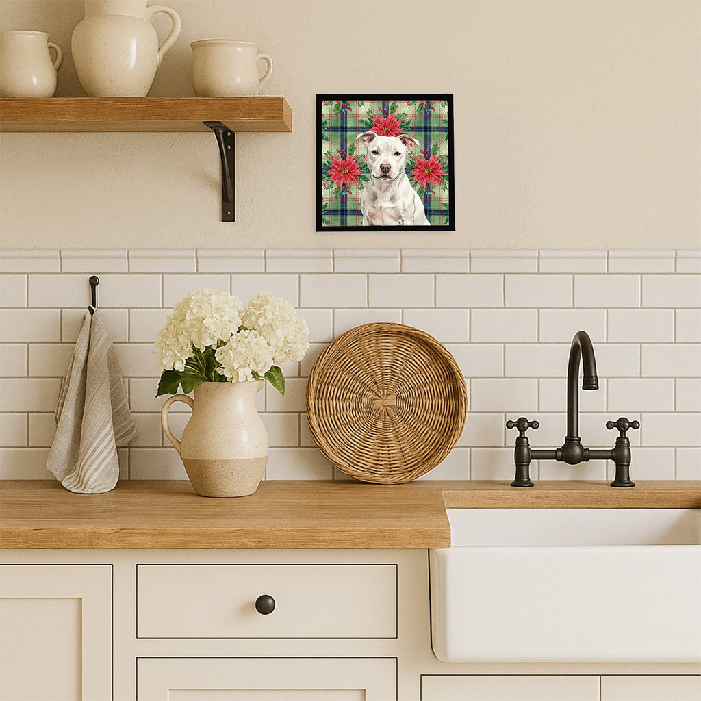White Staffordshire Bull Terrier Christmas PoinsettIas Framed Metal Print Bathroom, Kitchen, Office, Home Decor Wall Art Ready to Hang, Square, 8X8
