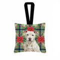 White Staffordshire Bull Terrier Christmas PoinsettIas Hanging Square Fabric Ornament 3.5 � 3.5 Decorative Door-Knob & Tree Hanger, Soft Fabric