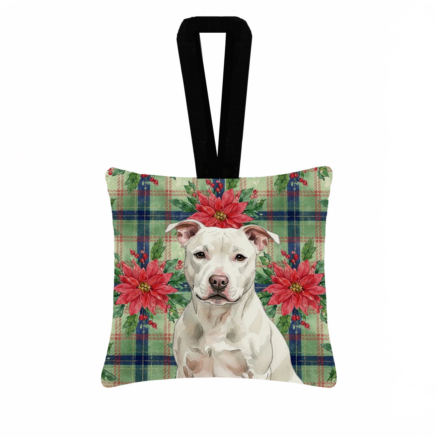 White Staffordshire Bull Terrier Christmas PoinsettIas Hanging Square Fabric Ornament 3.5 � 3.5 Decorative Door-Knob & Tree Hanger, Soft Fabric