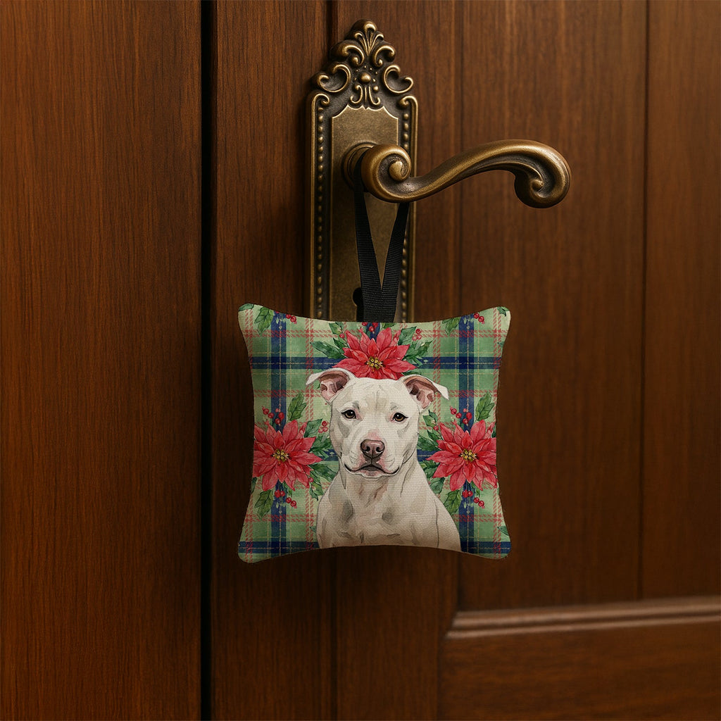 White Staffordshire Bull Terrier Christmas PoinsettIas Hanging Square Fabric Ornament 3.5 � 3.5 Decorative Door-Knob & Tree Hanger, Soft Fabric