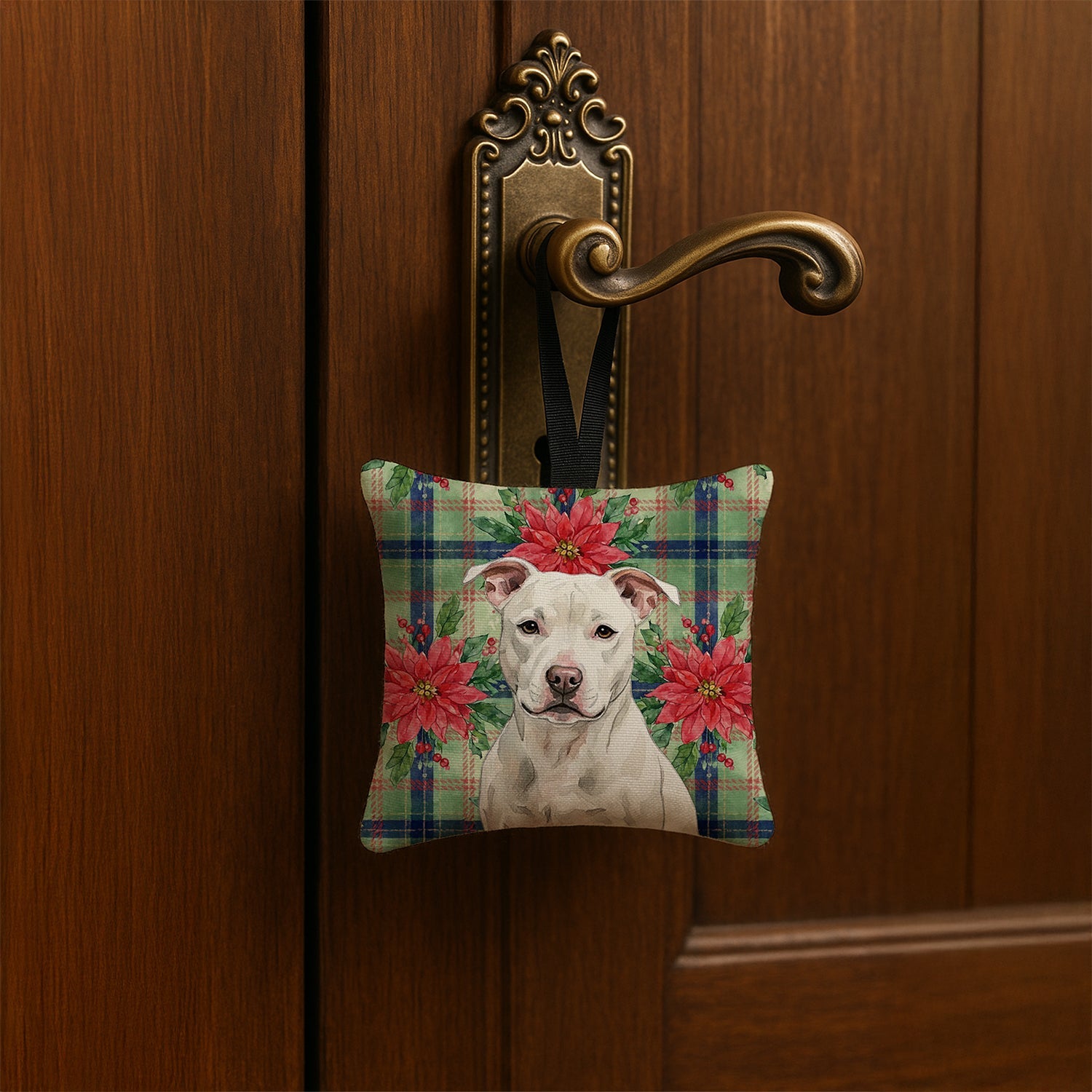 White Staffordshire Bull Terrier Christmas PoinsettIas Hanging Square Fabric Ornament 3.5 � 3.5 Decorative Door-Knob & Tree Hanger, Soft Fabric