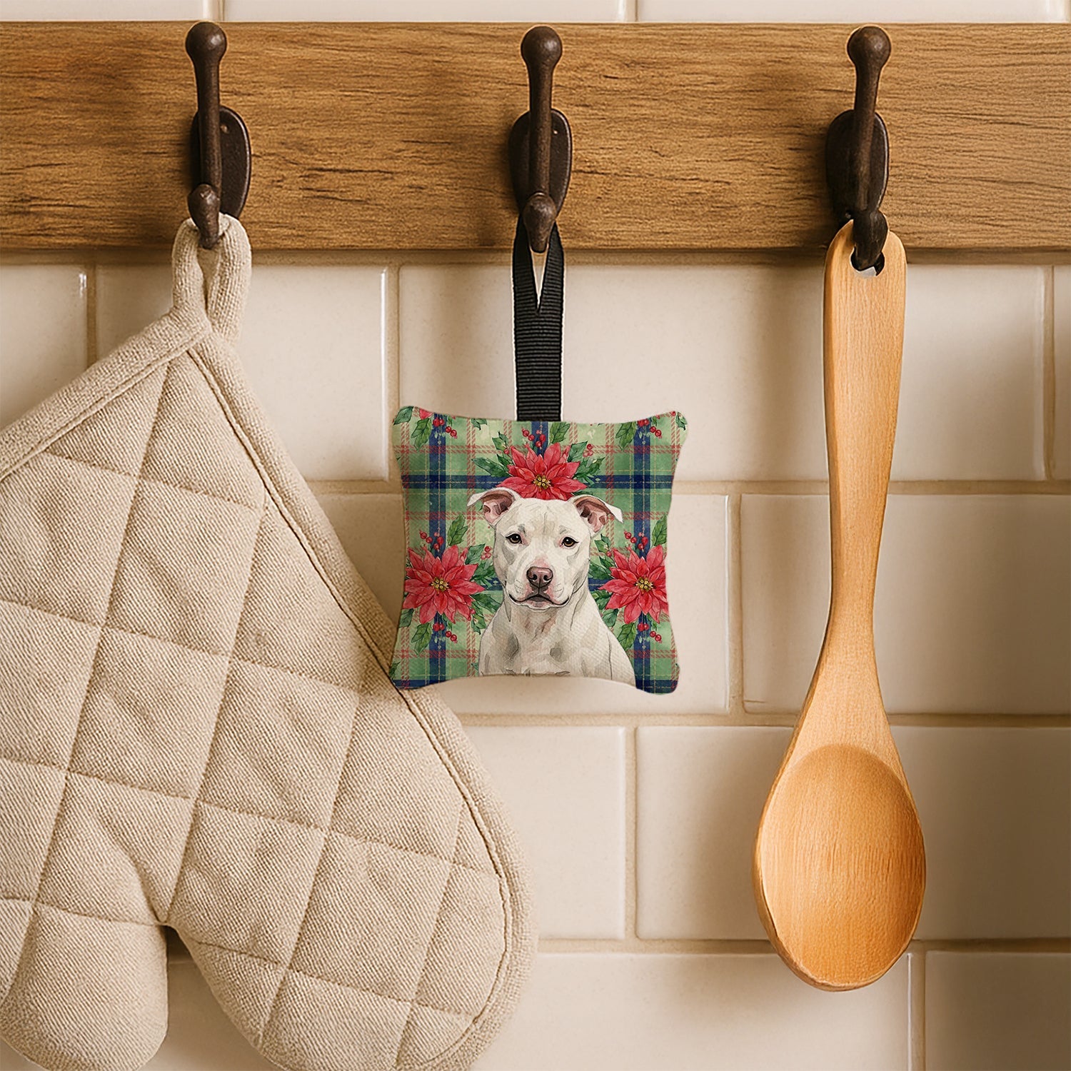 White Staffordshire Bull Terrier Christmas PoinsettIas Hanging Square Fabric Ornament 3.5 � 3.5 Decorative Door-Knob & Tree Hanger, Soft Fabric