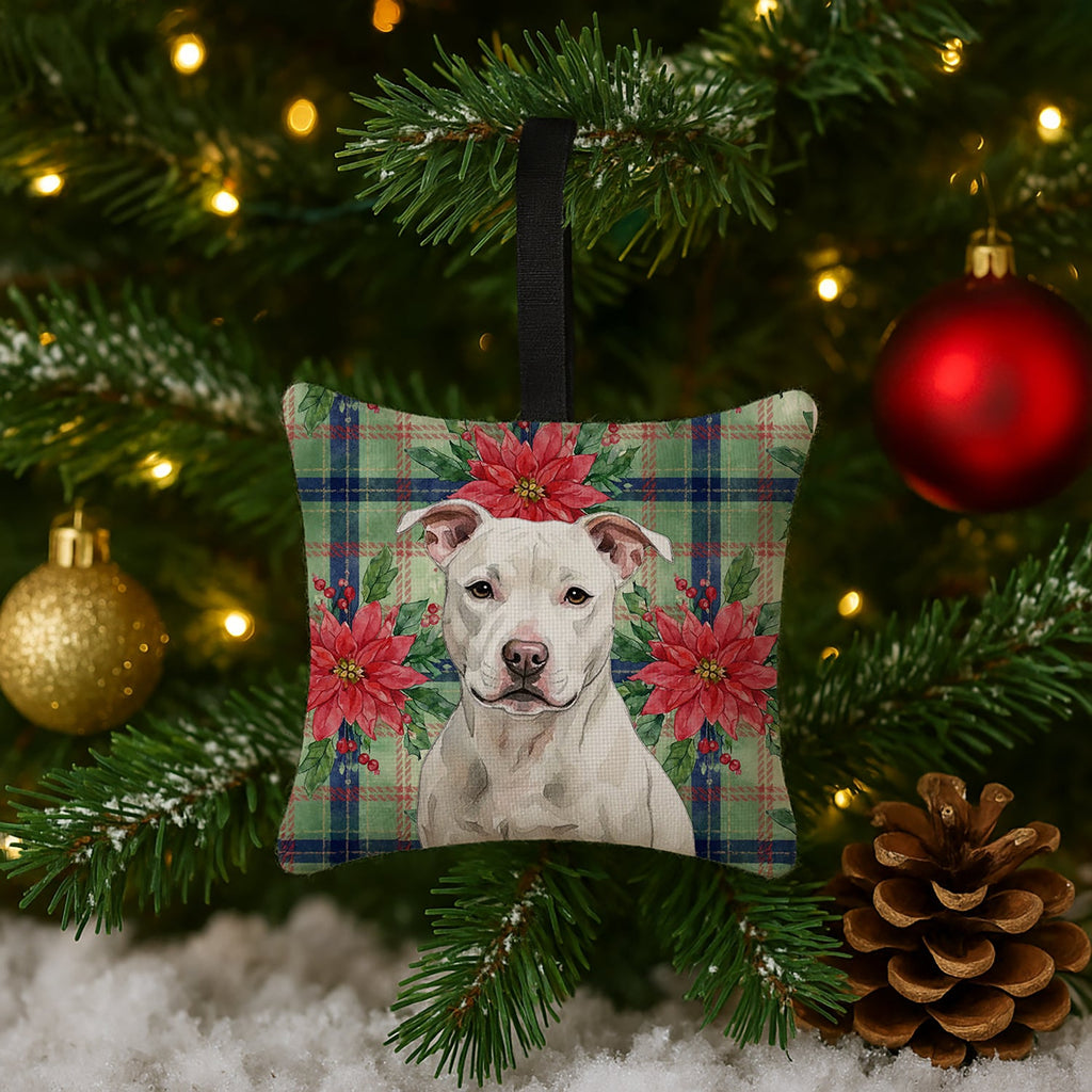 White Staffordshire Bull Terrier Christmas PoinsettIas Hanging Square Fabric Ornament 3.5 � 3.5 Decorative Door-Knob & Tree Hanger, Soft Fabric
