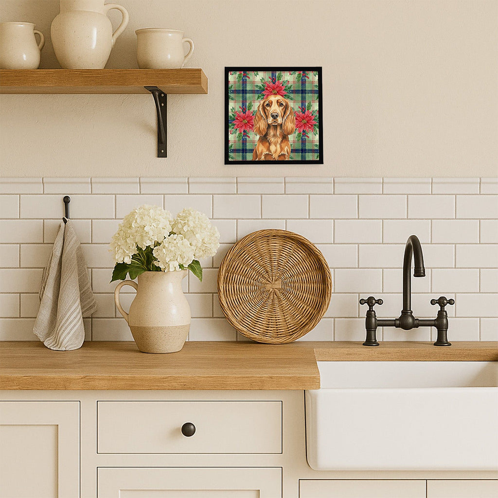 Sussex Spaniel Christmas PoinsettIas Framed Metal Print Bathroom, Kitchen, Office, Home Decor Wall Art Ready to Hang, Square, 8X8