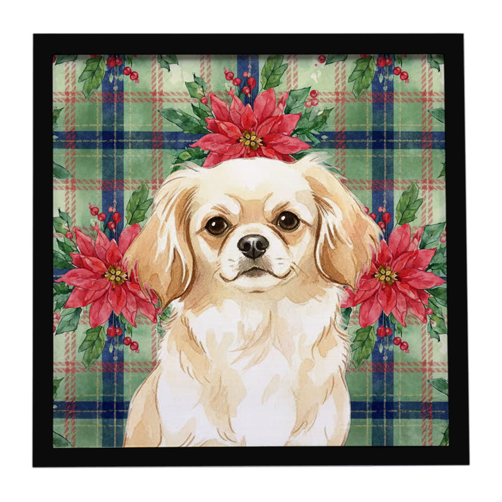 Cream Tibetan Spaniel Christmas PoinsettIas Framed Metal Print Bathroom, Kitchen, Office, Home Decor Wall Art Ready to Hang, Square, 8X8