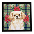 Cream Tibetan Spaniel Christmas PoinsettIas Framed Metal Print Bathroom, Kitchen, Office, Home Decor Wall Art Ready to Hang, Square, 8X8
