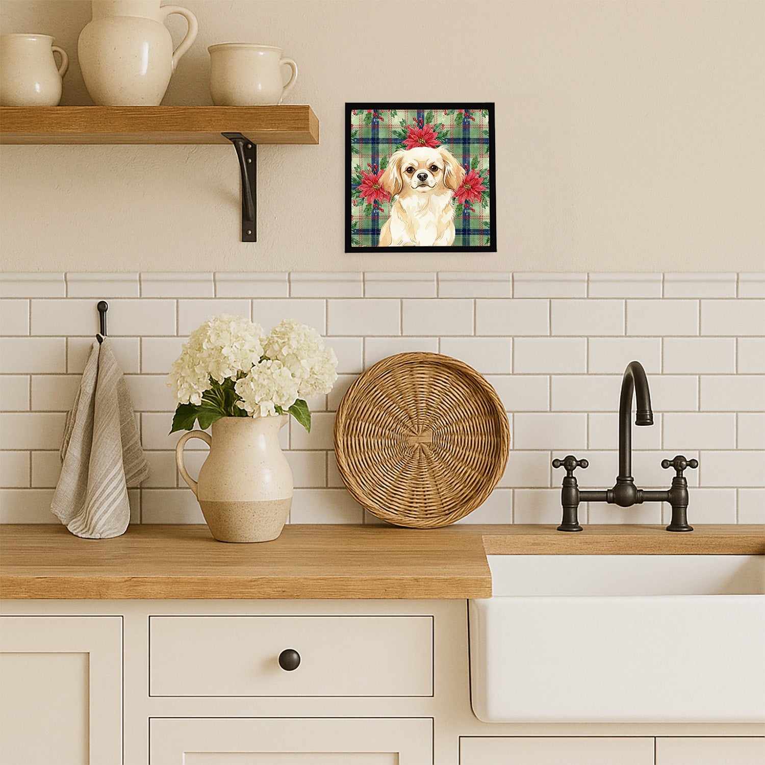 Cream Tibetan Spaniel Christmas PoinsettIas Framed Metal Print Bathroom, Kitchen, Office, Home Decor Wall Art Ready to Hang, Square, 8X8