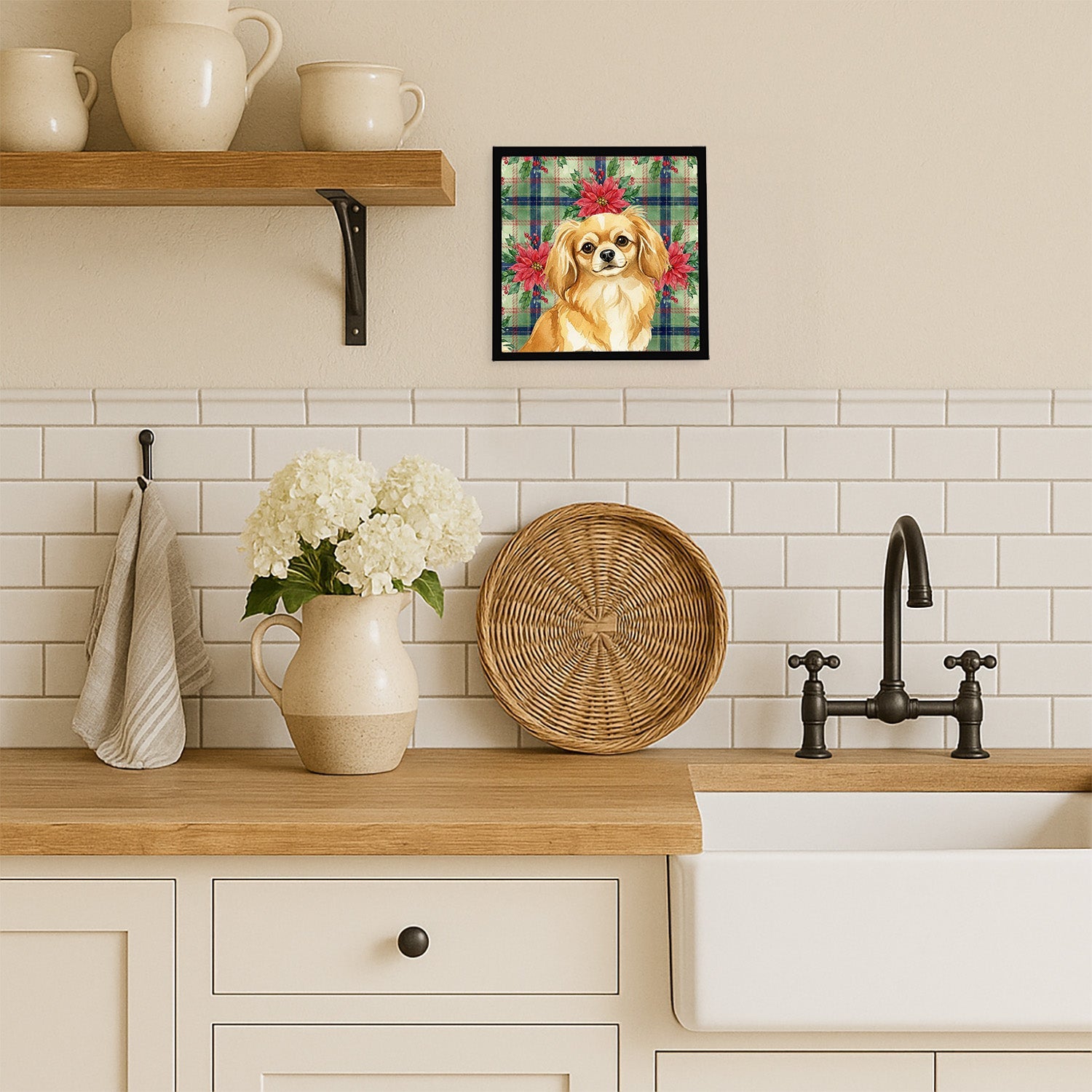 Gold Tibetan Spaniel Christmas PoinsettIas Framed Metal Print Bathroom, Kitchen, Office, Home Decor Wall Art Ready to Hang, Square, 8X8