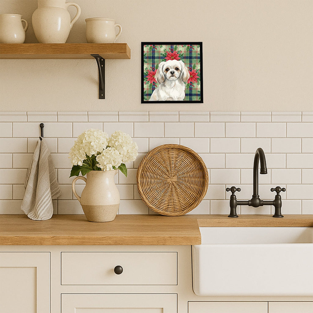 White Tibetan Spaniel Christmas PoinsettIas Framed Metal Print Bathroom, Kitchen, Office, Home Decor Wall Art Ready to Hang, Square, 8X8