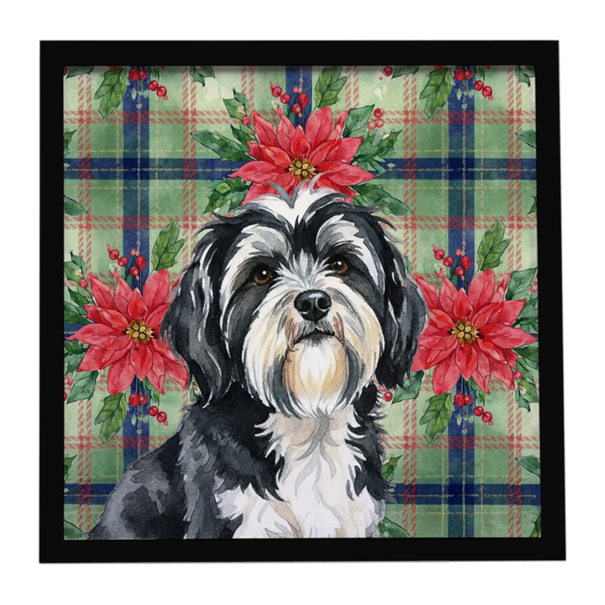 Black and White Tibetan Terrier Christmas PoinsettIas Framed Metal Print Bathroom, Kitchen, Office, Home Decor Wall Art Ready to Hang, Square, 8X8