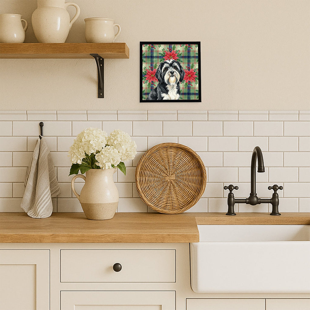 Black and White Tibetan Terrier Christmas PoinsettIas Framed Metal Print Bathroom, Kitchen, Office, Home Decor Wall Art Ready to Hang, Square, 8X8