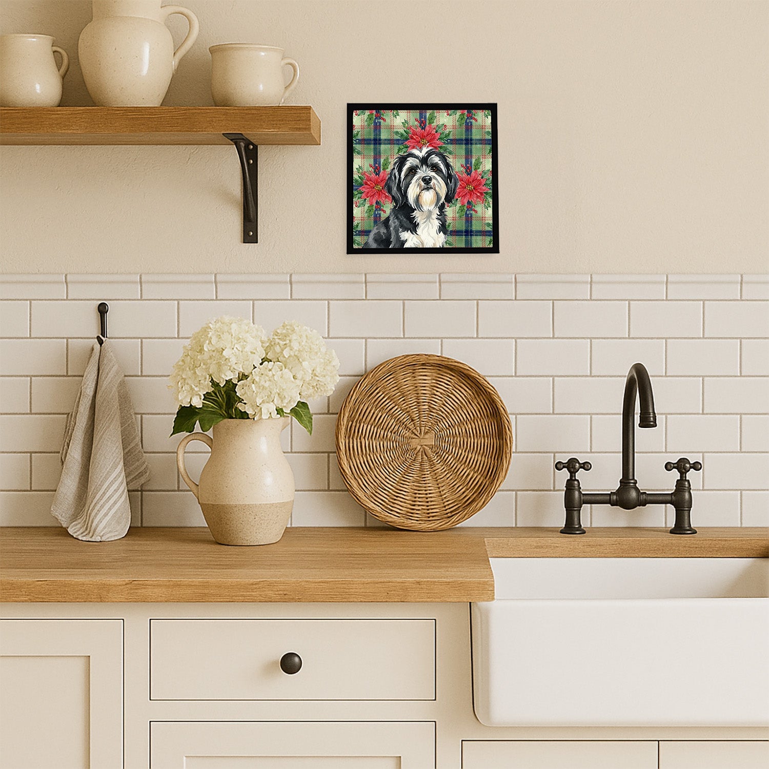 Black and White Tibetan Terrier Christmas PoinsettIas Framed Metal Print Bathroom, Kitchen, Office, Home Decor Wall Art Ready to Hang, Square, 8X8
