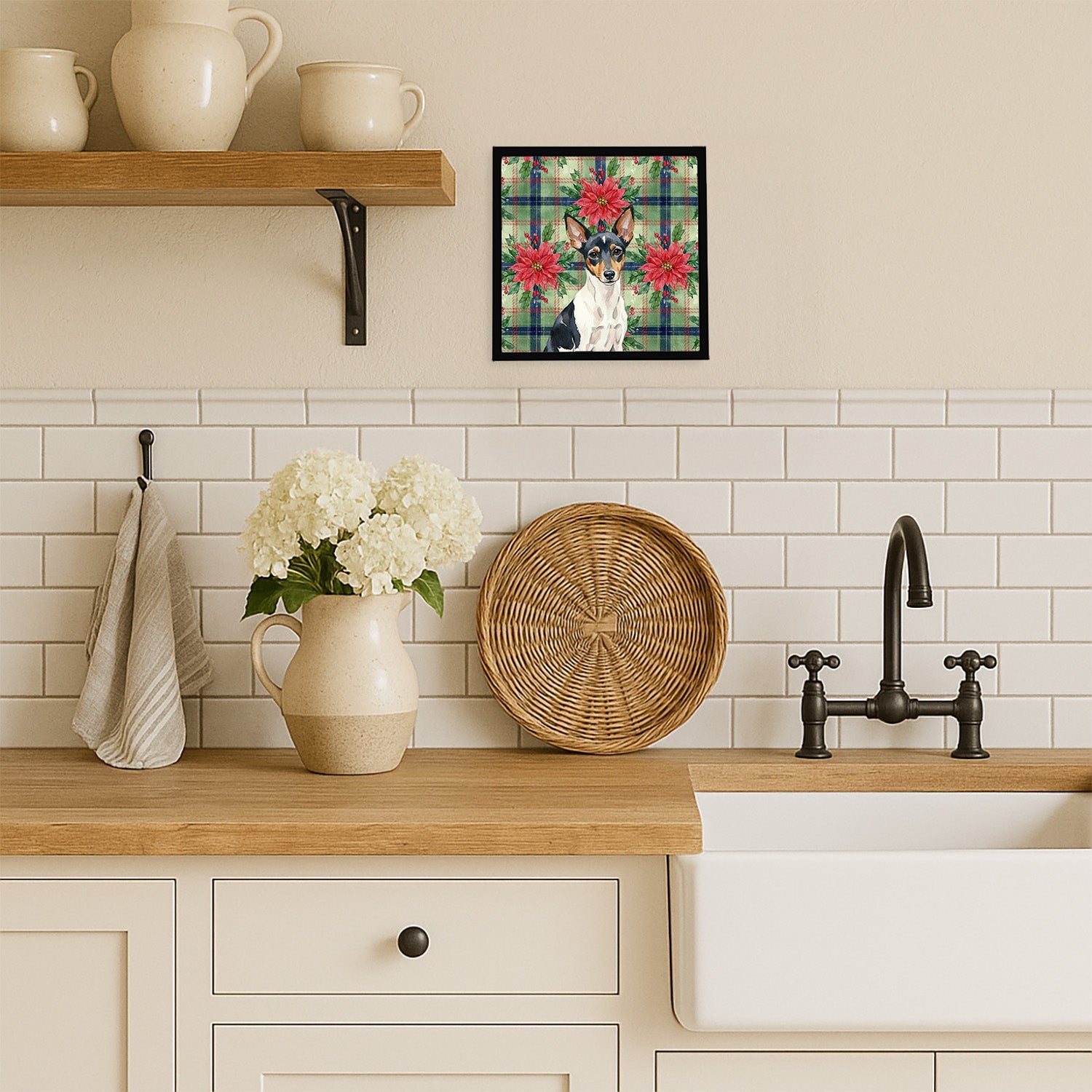 Toy Fox Terrier Christmas PoinsettIas Framed Metal Print Bathroom, Kitchen, Office, Home Decor Wall Art Ready to Hang, Square, 8X8