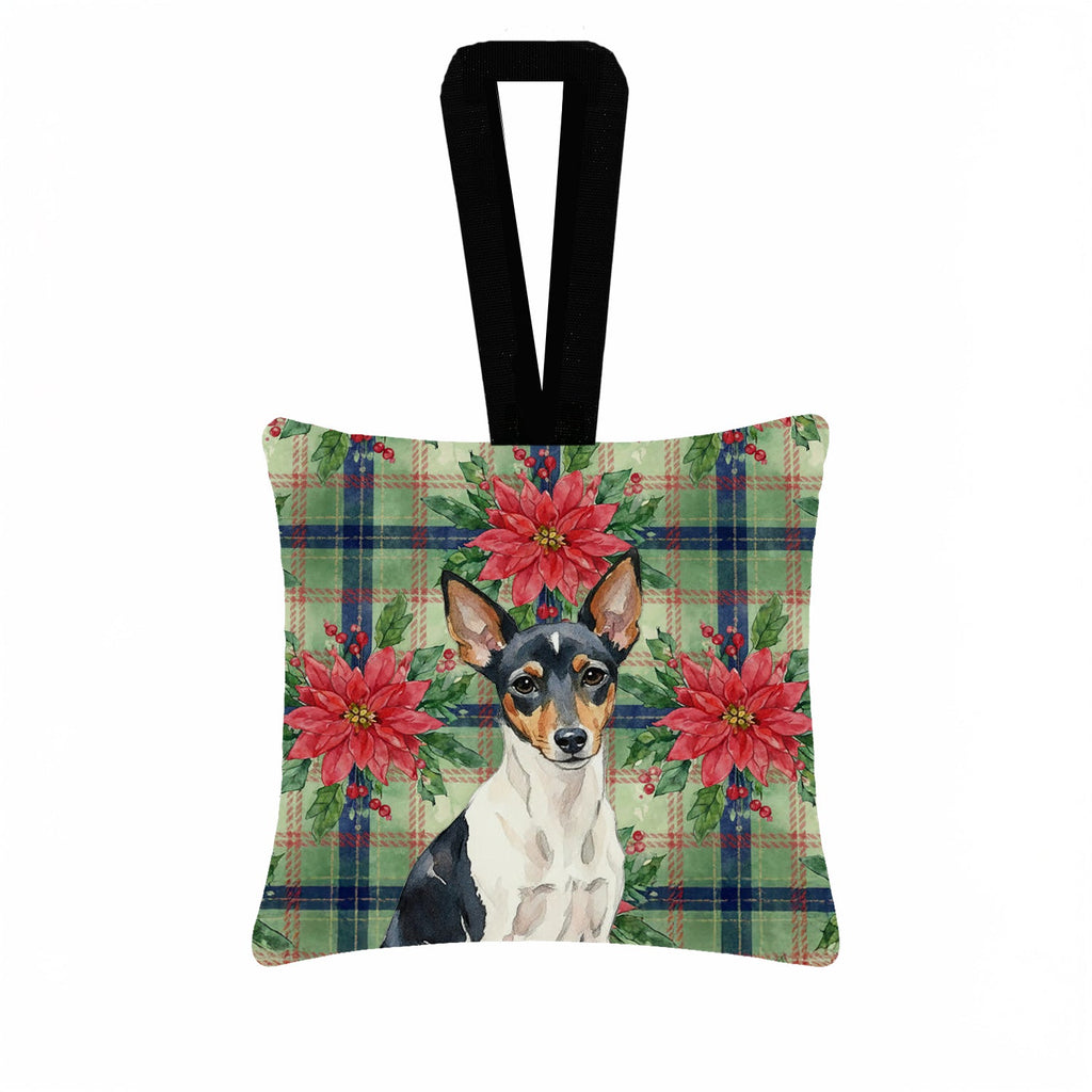 Toy Fox Terrier Christmas PoinsettIas Hanging Square Fabric Ornament 3.5 � 3.5 Decorative Door-Knob & Tree Hanger, Soft Fabric