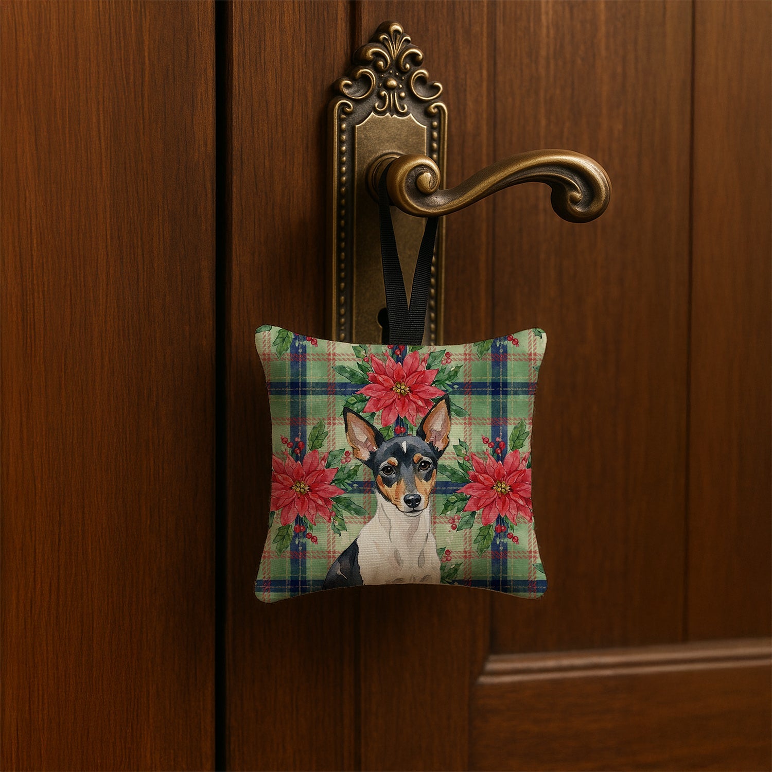Toy Fox Terrier Christmas PoinsettIas Hanging Square Fabric Ornament 3.5 � 3.5 Decorative Door-Knob & Tree Hanger, Soft Fabric