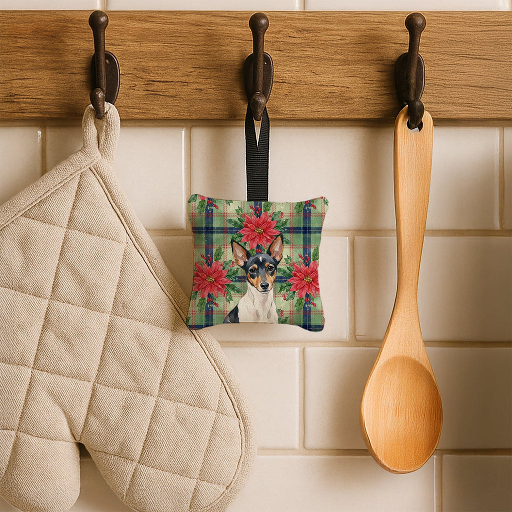 Toy Fox Terrier Christmas PoinsettIas Hanging Square Fabric Ornament 3.5 � 3.5 Decorative Door-Knob & Tree Hanger, Soft Fabric